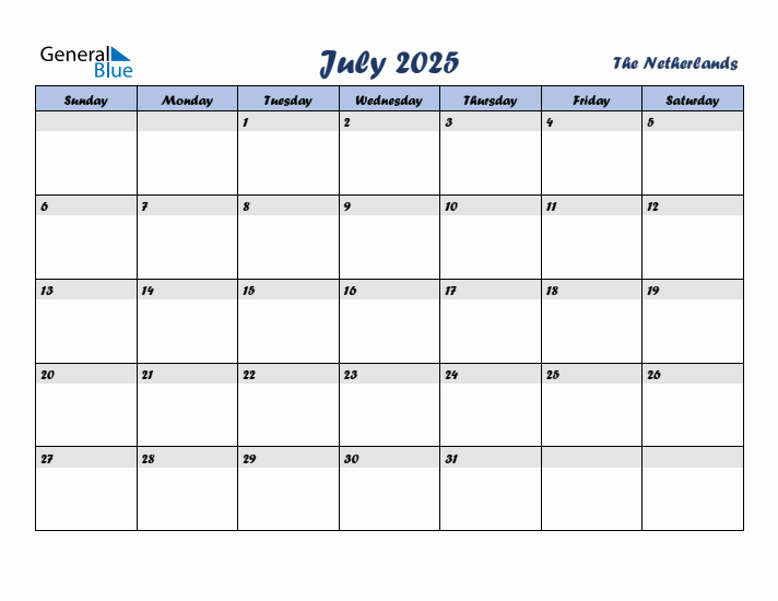 July 2025 Calendar with Holidays in The Netherlands