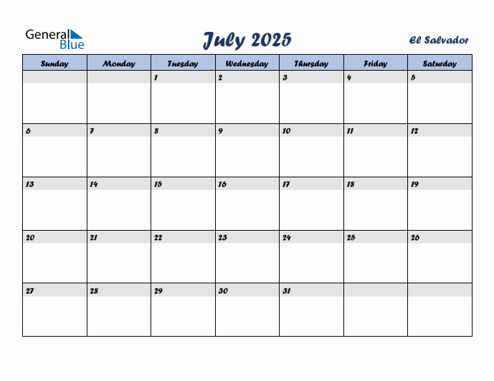 July 2025 Calendar with Holidays in El Salvador