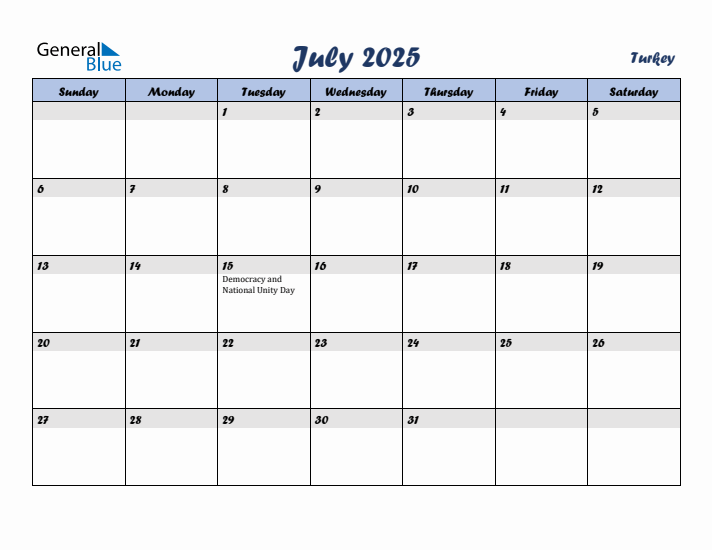 July 2025 Calendar with Holidays in Turkey