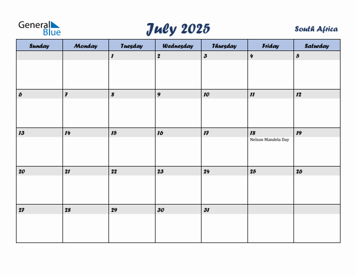 July 2025 Calendar with Holidays in South Africa