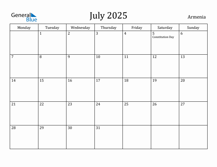 July 2025 Calendar Armenia