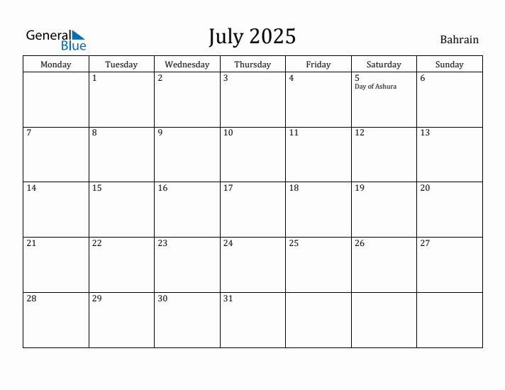 July 2025 Calendar Bahrain