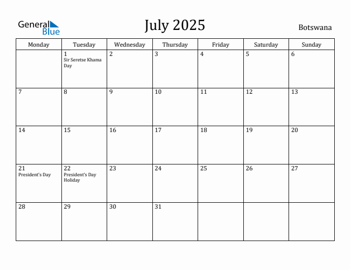 July 2025 Calendar Botswana