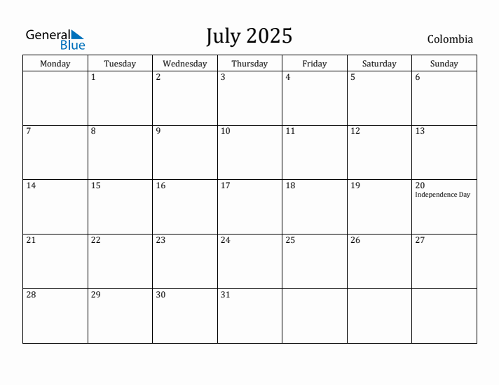 July 2025 Calendar Colombia