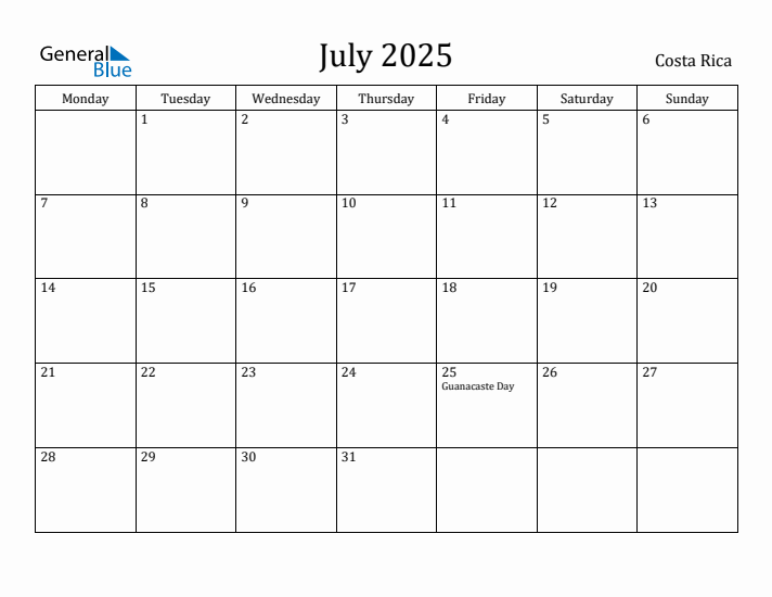 July 2025 Calendar Costa Rica