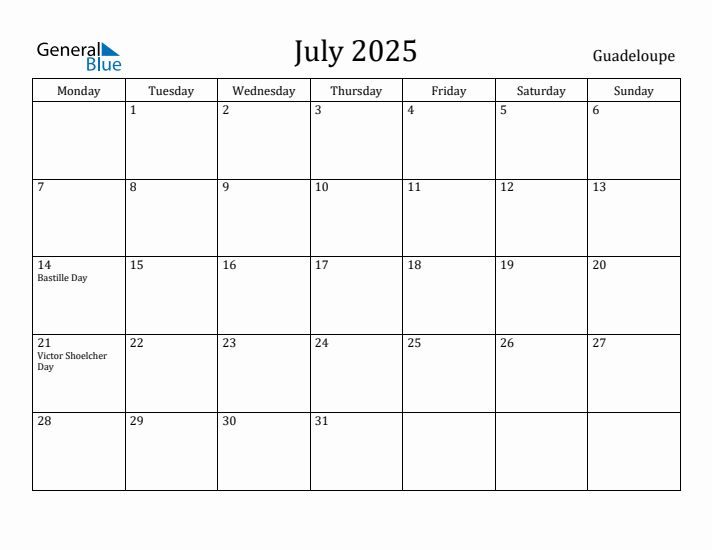 July 2025 Calendar Guadeloupe