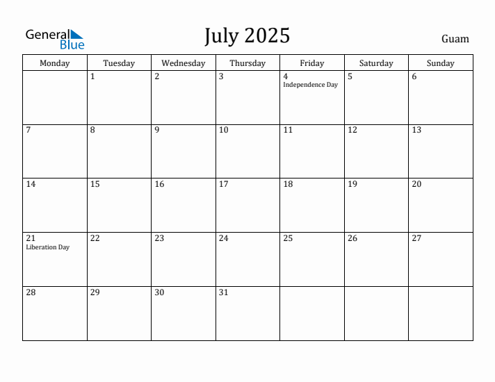 July 2025 Calendar Guam