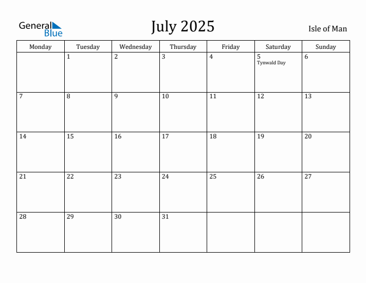 July 2025 Calendar Isle of Man