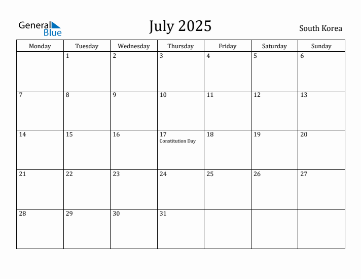 July 2025 Calendar South Korea