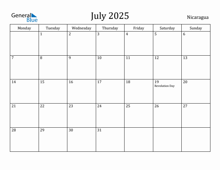 July 2025 Calendar Nicaragua