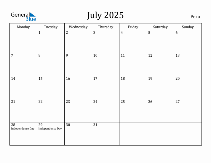 July 2025 Calendar Peru