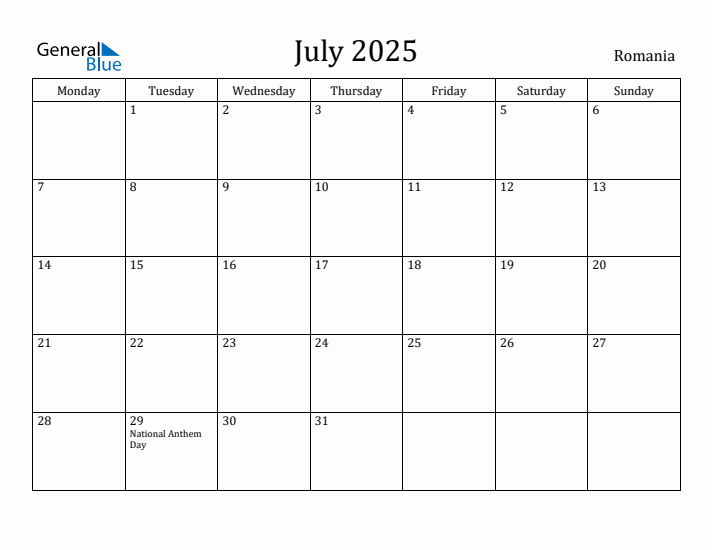 July 2025 Calendar Romania