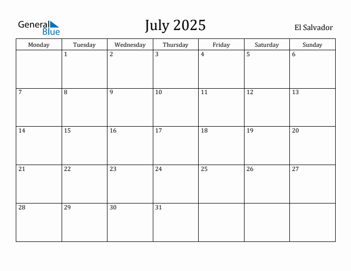 July 2025 Calendar El Salvador