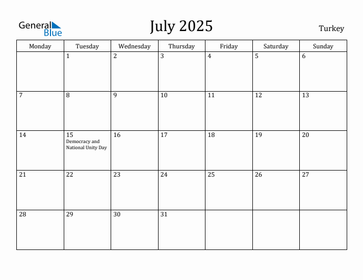 July 2025 Calendar Turkey