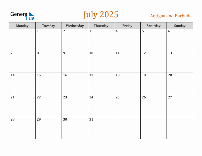 July 2025 Holiday Calendar with Monday Start