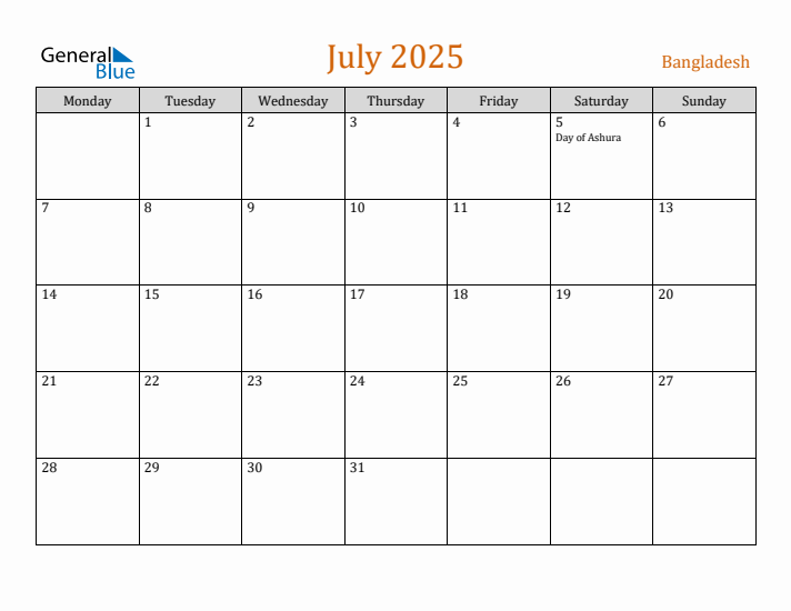 July 2025 Holiday Calendar with Monday Start