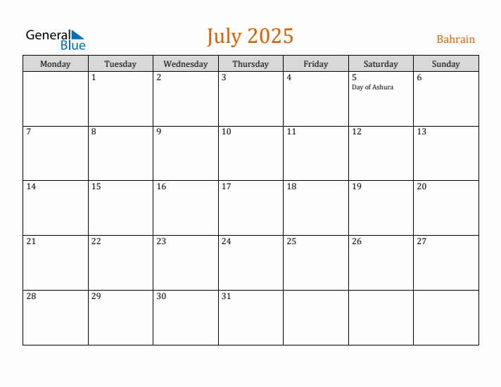 July 2025 Holiday Calendar with Monday Start