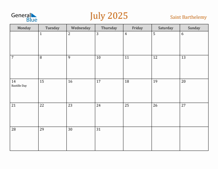 July 2025 Holiday Calendar with Monday Start