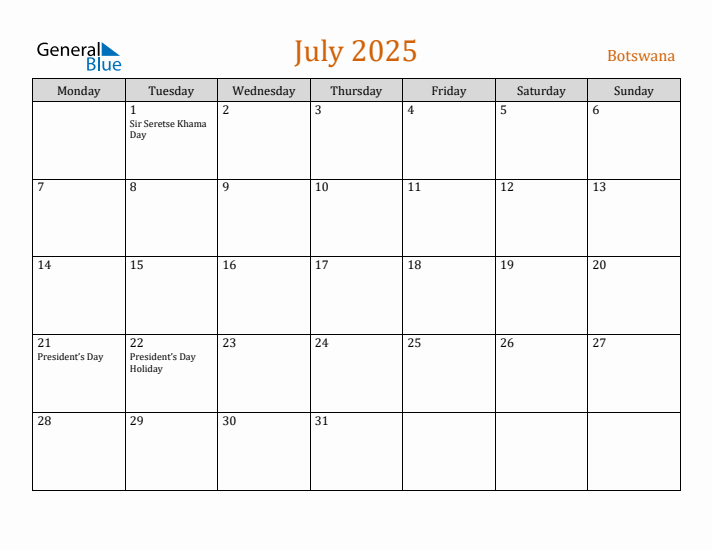 July 2025 Holiday Calendar with Monday Start