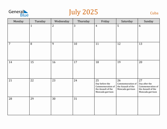 July 2025 Holiday Calendar with Monday Start