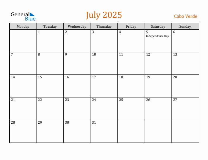 July 2025 Holiday Calendar with Monday Start