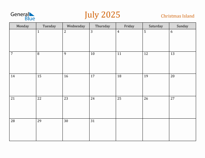 July 2025 Holiday Calendar with Monday Start