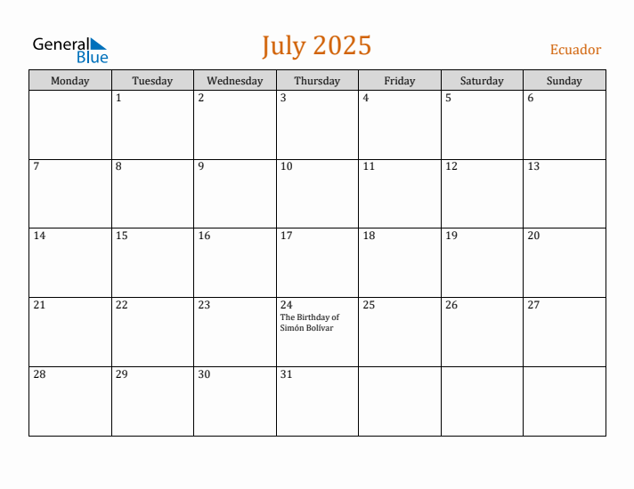 July 2025 Holiday Calendar with Monday Start