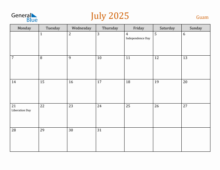 July 2025 Holiday Calendar with Monday Start