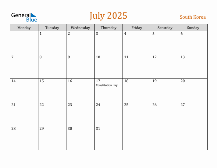 July 2025 Holiday Calendar with Monday Start