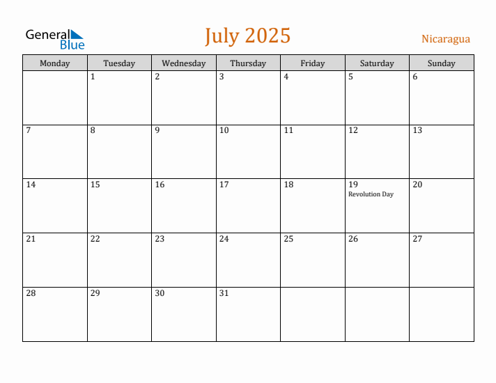 July 2025 Holiday Calendar with Monday Start