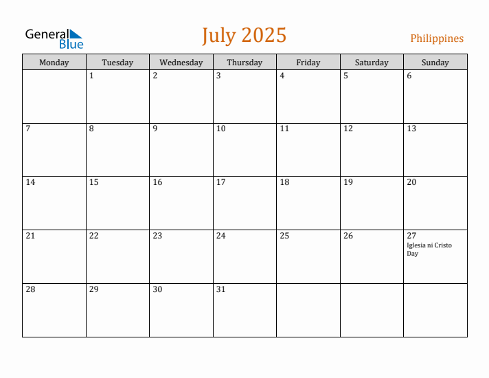 July 2025 Holiday Calendar with Monday Start