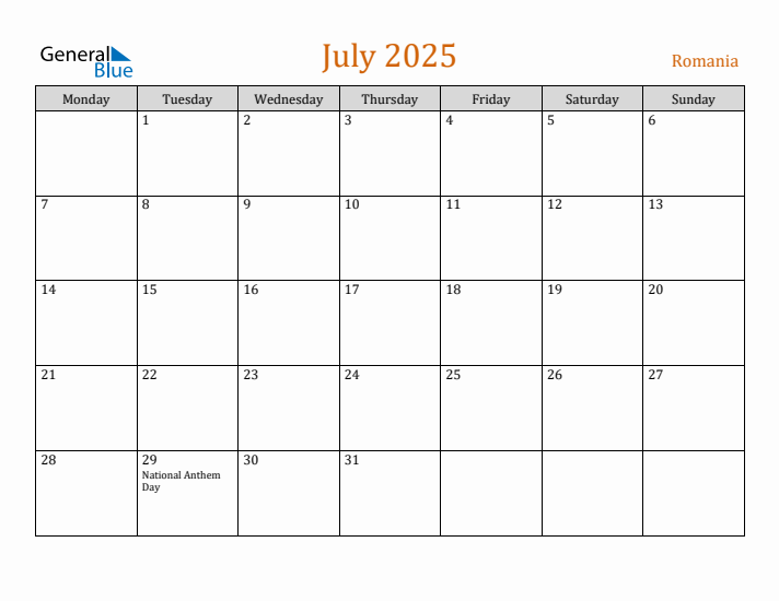 July 2025 Holiday Calendar with Monday Start