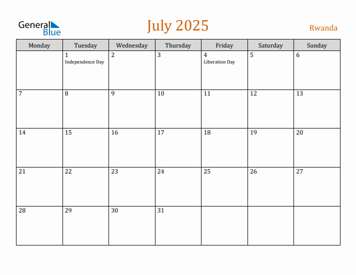 July 2025 Holiday Calendar with Monday Start