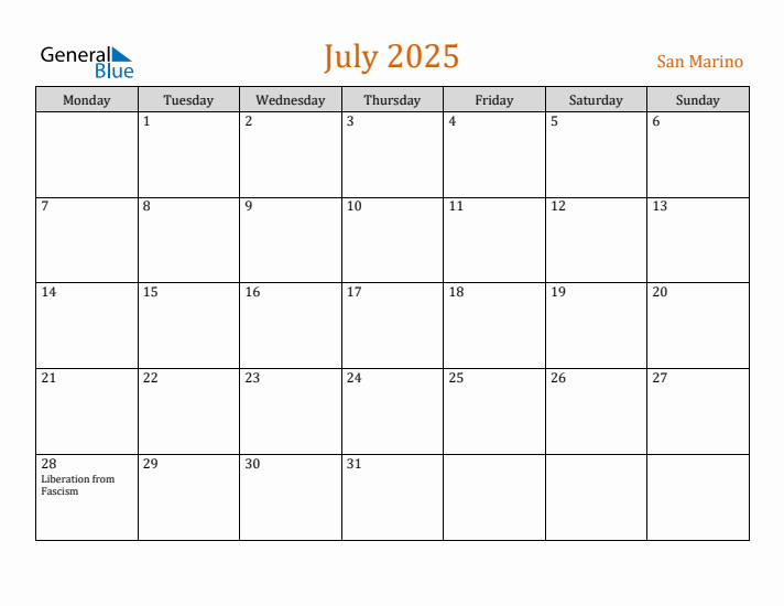 July 2025 Holiday Calendar with Monday Start