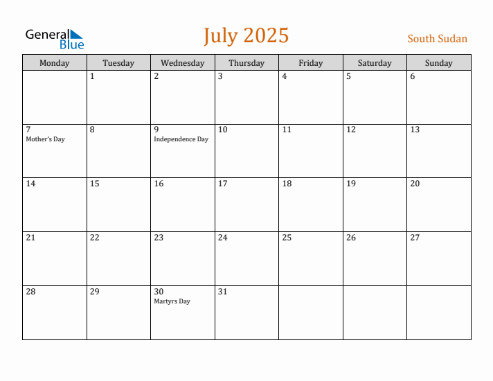 July 2025 Holiday Calendar with Monday Start