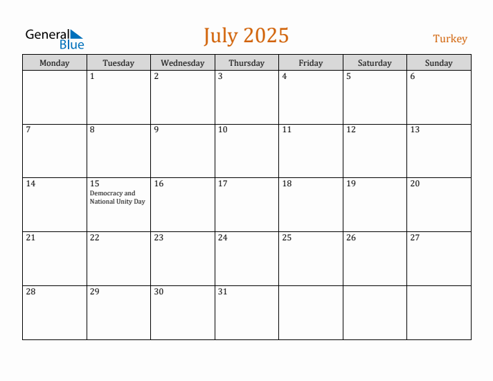 July 2025 Holiday Calendar with Monday Start