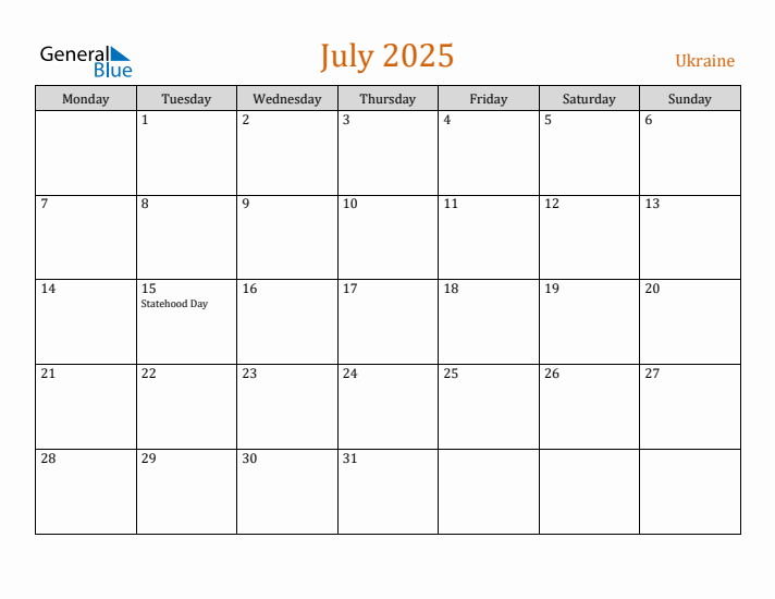 July 2025 Holiday Calendar with Monday Start