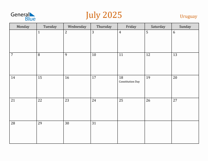 July 2025 Holiday Calendar with Monday Start