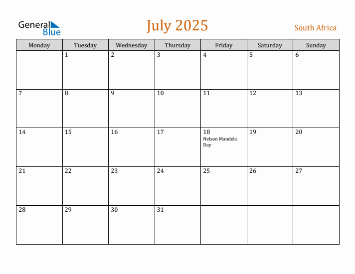 July 2025 Holiday Calendar with Monday Start