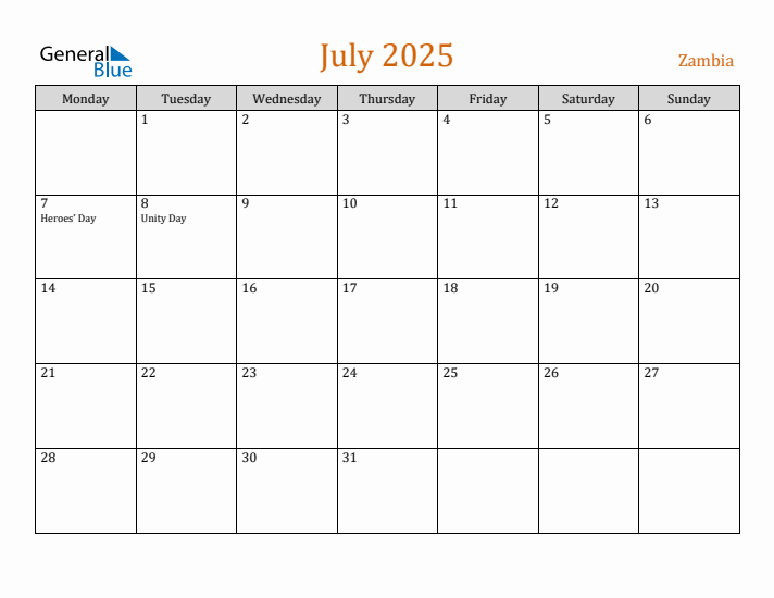 July 2025 Holiday Calendar with Monday Start