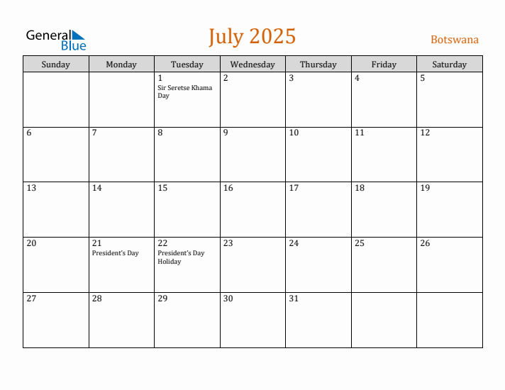 July 2025 Holiday Calendar with Sunday Start