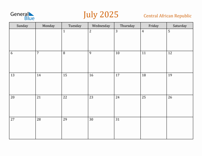 July 2025 Holiday Calendar with Sunday Start