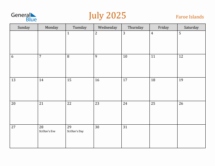 July 2025 Holiday Calendar with Sunday Start