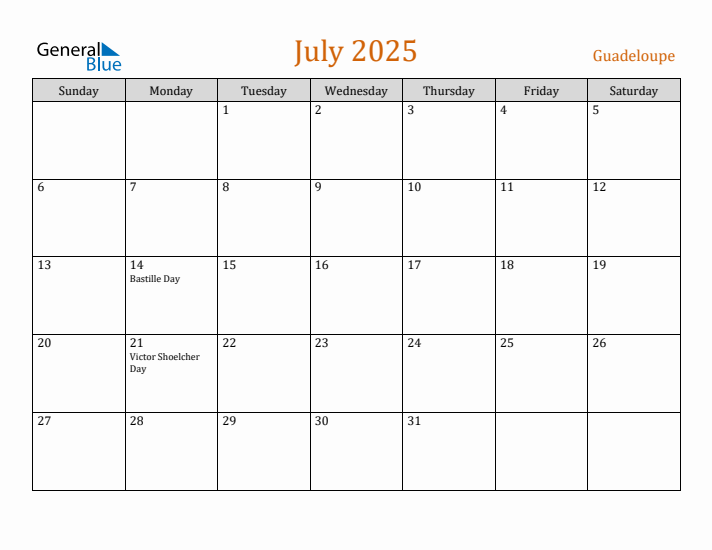 July 2025 Holiday Calendar with Sunday Start