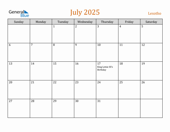 July 2025 Holiday Calendar with Sunday Start