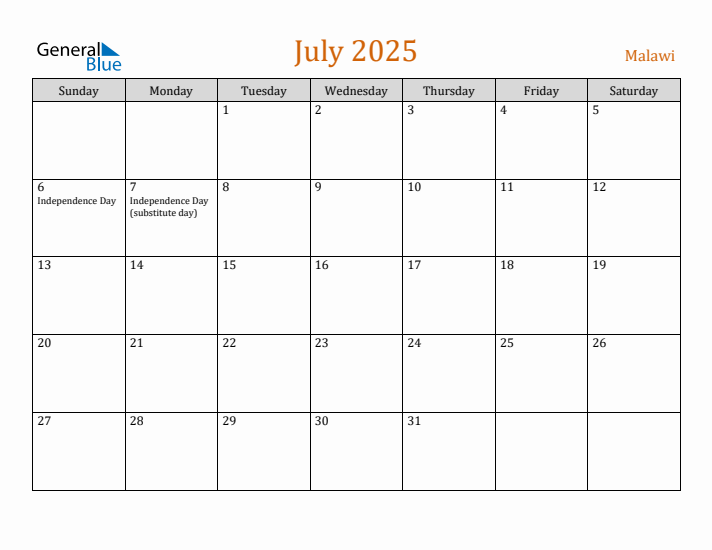 July 2025 Holiday Calendar with Sunday Start