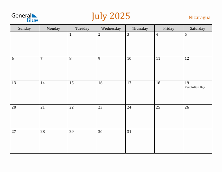 July 2025 Holiday Calendar with Sunday Start