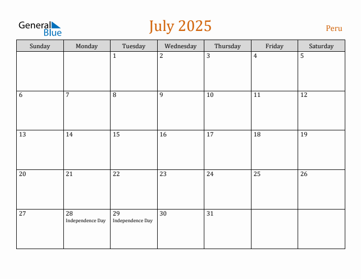 July 2025 Holiday Calendar with Sunday Start