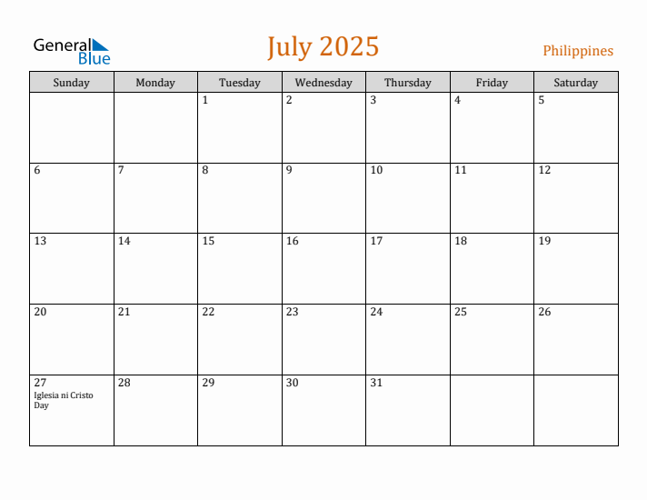 July 2025 Holiday Calendar with Sunday Start