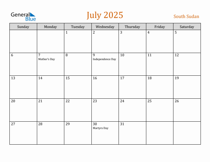 July 2025 Holiday Calendar with Sunday Start